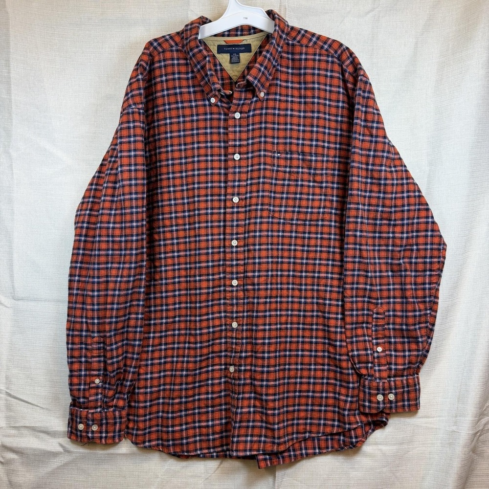 Tommy Hilfiger Shirt Mens 2XL Orange Flannel Long Sleeve‎ Button Down Casual